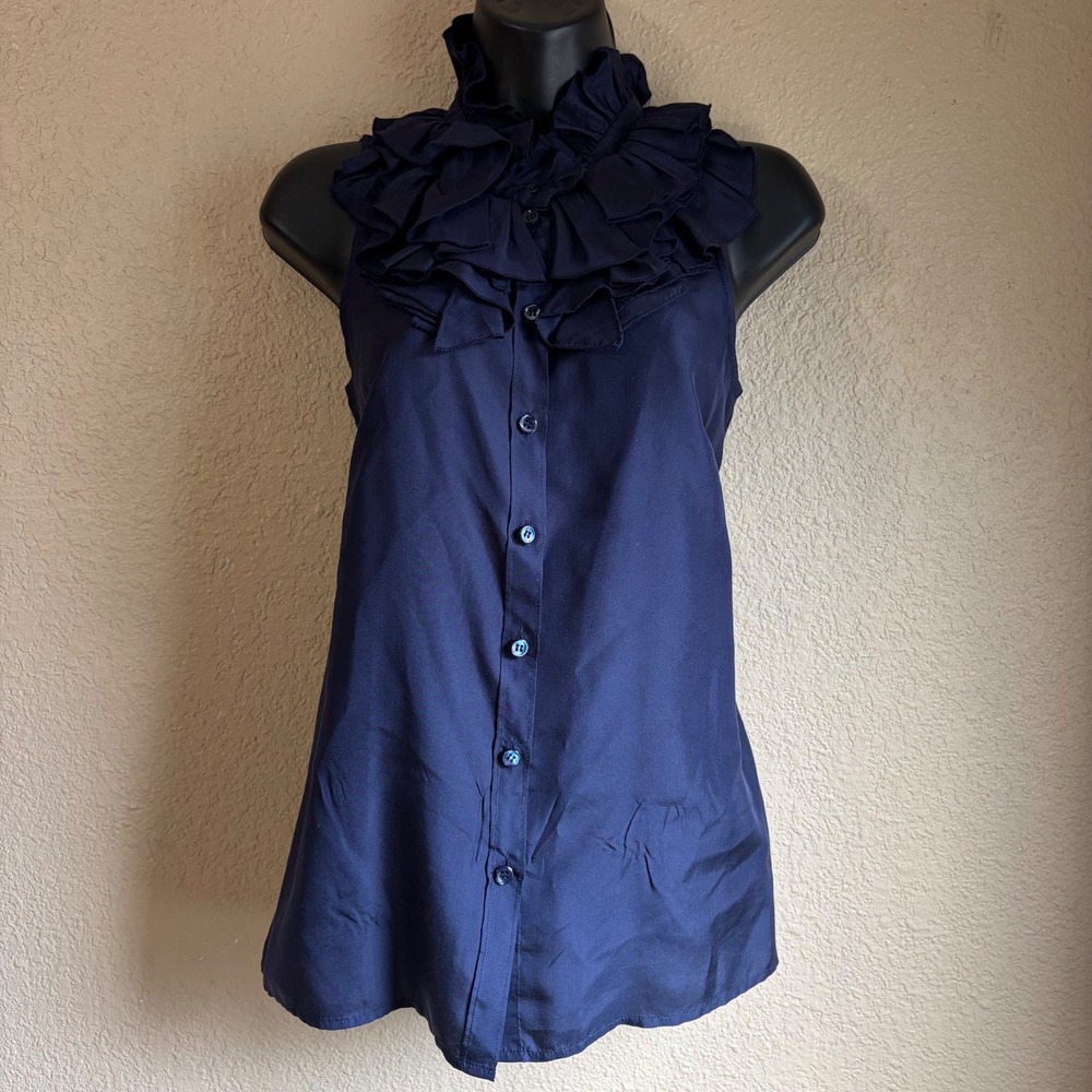 J.Crew Womens Navy Blue 100% Silk Ruffle Neck Sleeveless Button Front Blouse 4